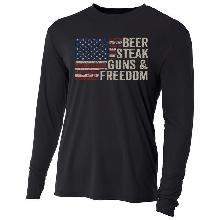 Beer Steak Guns & Freedom 4th July Usa Flag Bbq Drinking Cooling Performance Long Sleeve Crew