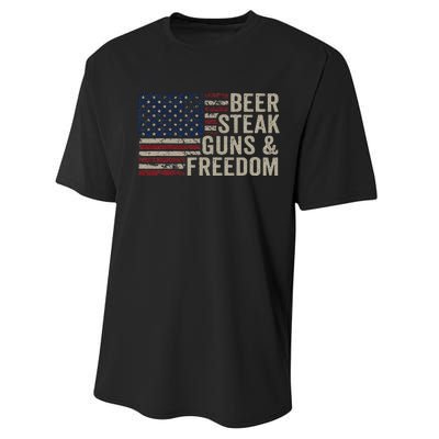 Beer Steak Guns & Freedom 4th July Usa Flag Bbq Drinking Performance Sprint T-Shirt