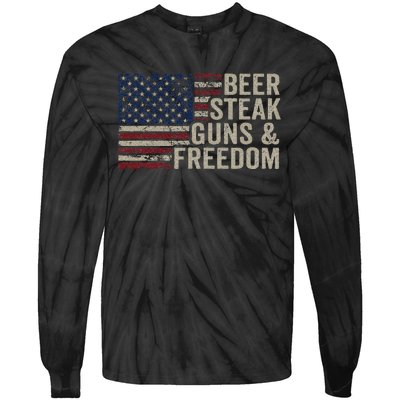 Beer Steak Guns & Freedom 4th July Usa Flag Bbq Drinking Tie-Dye Long Sleeve Shirt