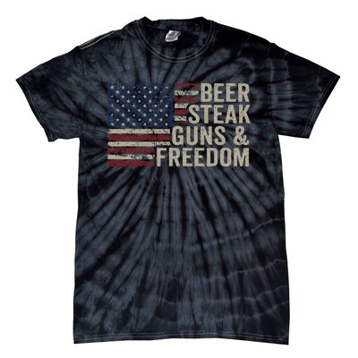 Beer Steak Guns & Freedom 4th July Usa Flag Bbq Drinking Tie-Dye T-Shirt