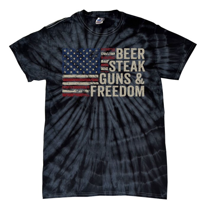 Beer Steak Guns & Freedom 4th July Usa Flag Bbq Drinking Tie-Dye T-Shirt