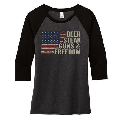 Beer Steak Guns & Freedom 4th July Usa Flag Bbq Drinking Women's Tri-Blend 3/4-Sleeve Raglan Shirt