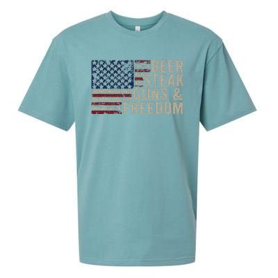 Beer Steak Guns & Freedom 4th July Usa Flag Bbq Drinking Sueded Cloud Jersey T-Shirt