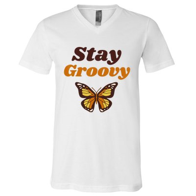 Butterfly Stay Groovy Retro Hippie Positive Mind Happy Life V-Neck T-Shirt