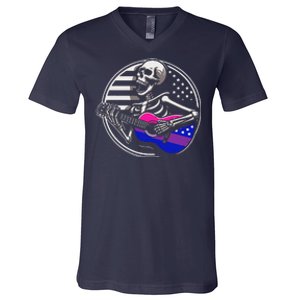 Bisexual Skeleton Guitar Lgbtq Pride Bisexuality Flag V-Neck T-Shirt