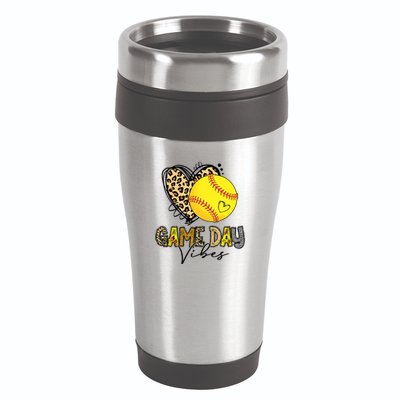 Bleached Softball Game Day Vibes Leopard Heart Headband Mom 16oz Travel Tumbler