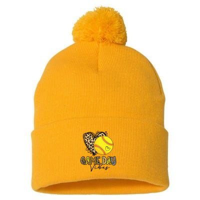 Bleached Softball Game Day Vibes Leopard Heart Headband Mom Pom Pom 12in Knit Beanie