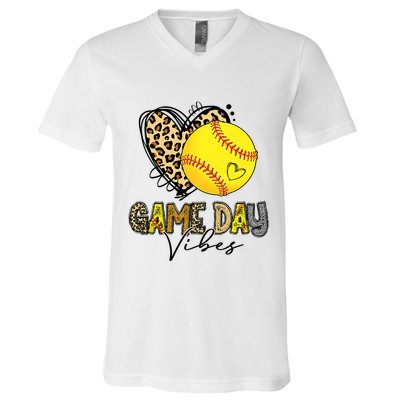 Bleached Softball Game Day Vibes Leopard Heart Headband Mom V-Neck T-Shirt