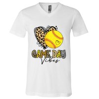 Bleached Softball Game Day Vibes Leopard Heart Headband Mom V-Neck T-Shirt