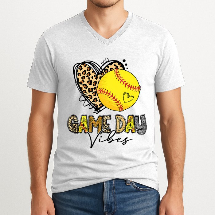 Bleached Softball Game Day Vibes Leopard Heart Headband Mom V-Neck T-Shirt