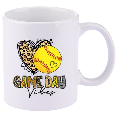 Bleached Softball Game Day Vibes Leopard Heart Headband Mom 11oz C Handle Ceramic Mug