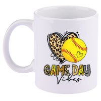 Bleached Softball Game Day Vibes Leopard Heart Headband Mom 11oz C Handle Ceramic Mug