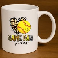 Bleached Softball Game Day Vibes Leopard Heart Headband Mom 11oz C Handle Ceramic Mug