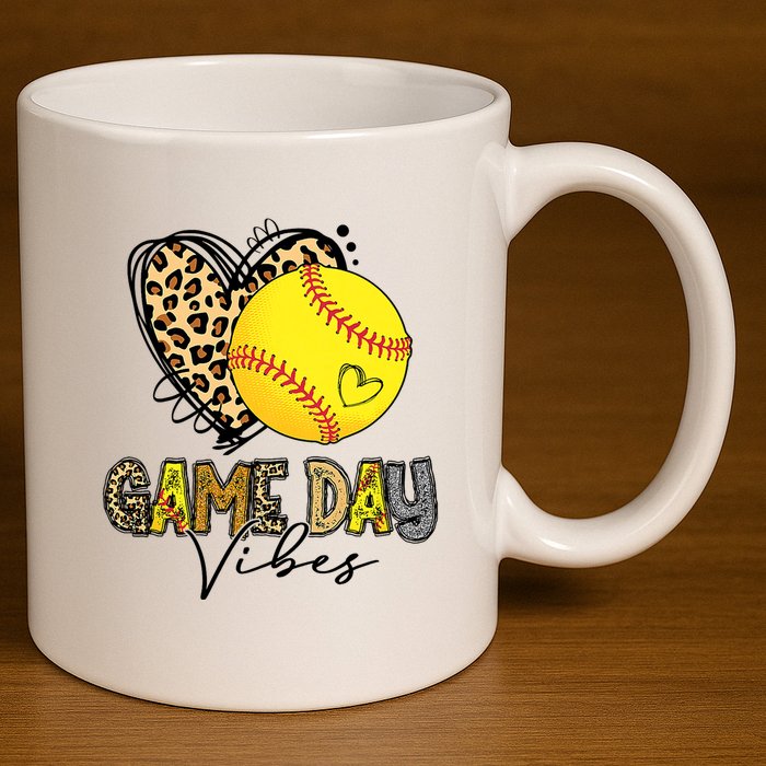 Bleached Softball Game Day Vibes Leopard Heart Headband Mom 11oz C Handle Ceramic Mug