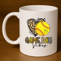 Bleached Softball Game Day Vibes Leopard Heart Headband Mom 11oz C Handle Ceramic Mug