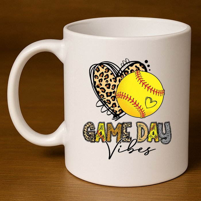 Bleached Softball Game Day Vibes Leopard Heart Headband Mom 11oz C Handle Ceramic Mug