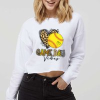 Bleached Softball Game Day Vibes Leopard Heart Headband Mom Cropped Pullover Crew