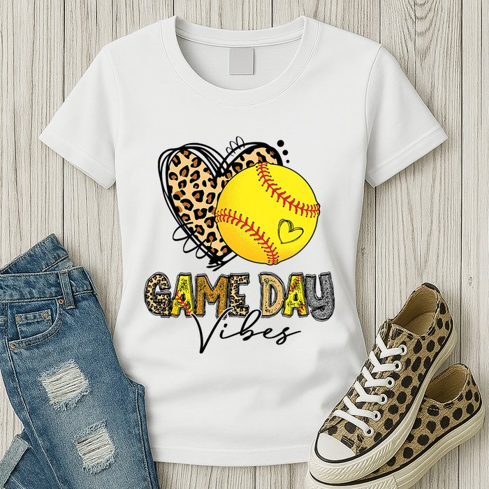 Bleached Softball Game Day Vibes Leopard Heart Headband Mom Womens T-Shirt