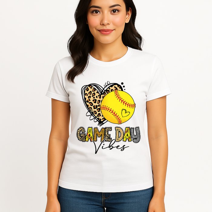 Bleached Softball Game Day Vibes Leopard Heart Headband Mom Womens T-Shirt