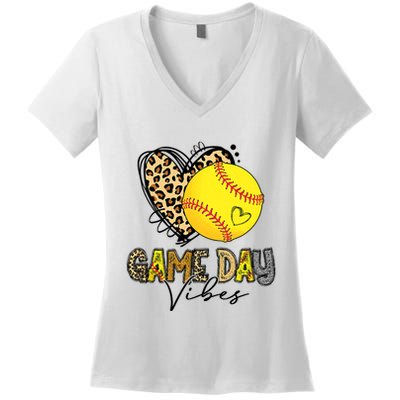 Bleached Softball Game Day Vibes Leopard Heart Headband Mom Women's V-Neck T-Shirt