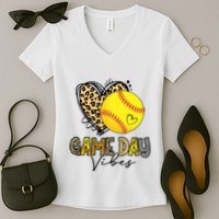 Bleached Softball Game Day Vibes Leopard Heart Headband Mom Women's V-Neck T-Shirt