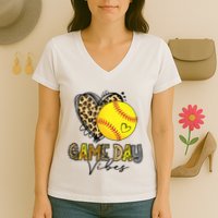 Bleached Softball Game Day Vibes Leopard Heart Headband Mom Women's V-Neck T-Shirt