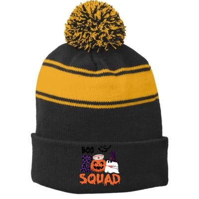 Boo Squad Halloween Nurse Pumpkin Jack O Lantern Stripe Pom Pom Beanie