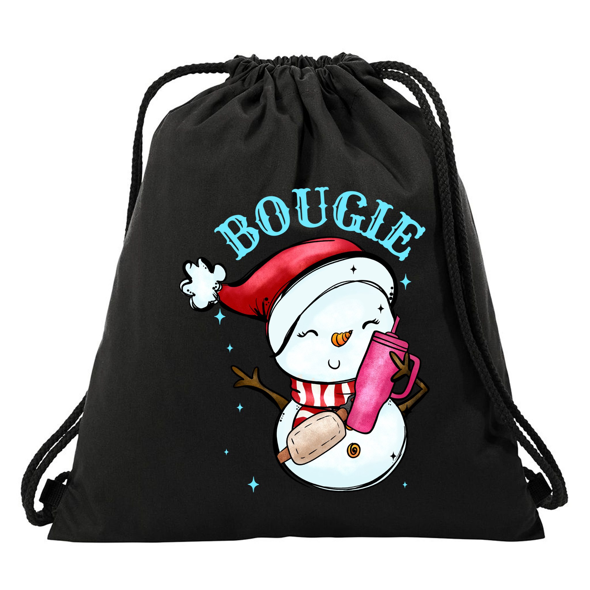Bougie Snowman Holding A Tumbler Drawstring Bag