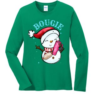 Bougie Snowman Holding A Tumbler Ladies Long Sleeve Shirt