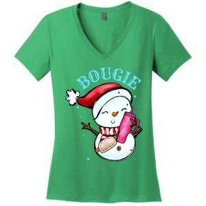 Bougie Snowman Holding A Tumbler Women's V-Neck T-Shirt