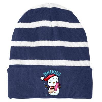 Bougie Snowman Holding A Tumbler Striped Beanie with Solid Band