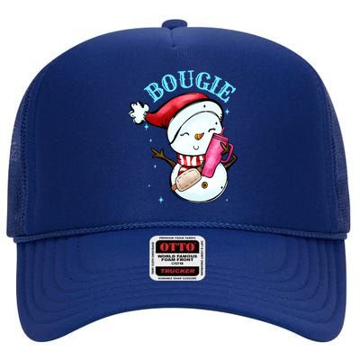 Bougie Snowman Holding A Tumbler High Crown Mesh Back Trucker Hat