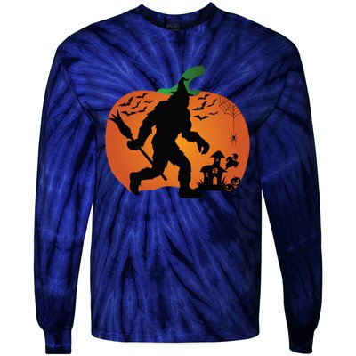 Bigfoot Sasquatch Halloween Lover Witch Giant Pumpkin Halloween Haunted House Tie-Dye Long Sleeve Shirt