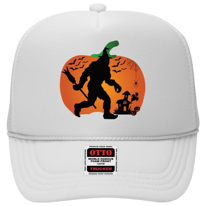 Bigfoot Sasquatch Halloween Lover Witch Giant Pumpkin Halloween Haunted House High Crown Mesh Back Trucker Hat