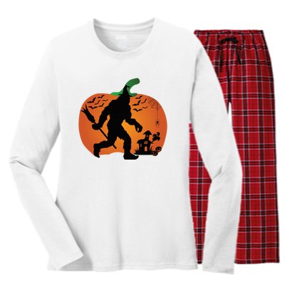 Bigfoot Sasquatch Halloween Lover Witch Giant Pumpkin Halloween Haunted House Women's Long Sleeve Flannel Pajama Set 