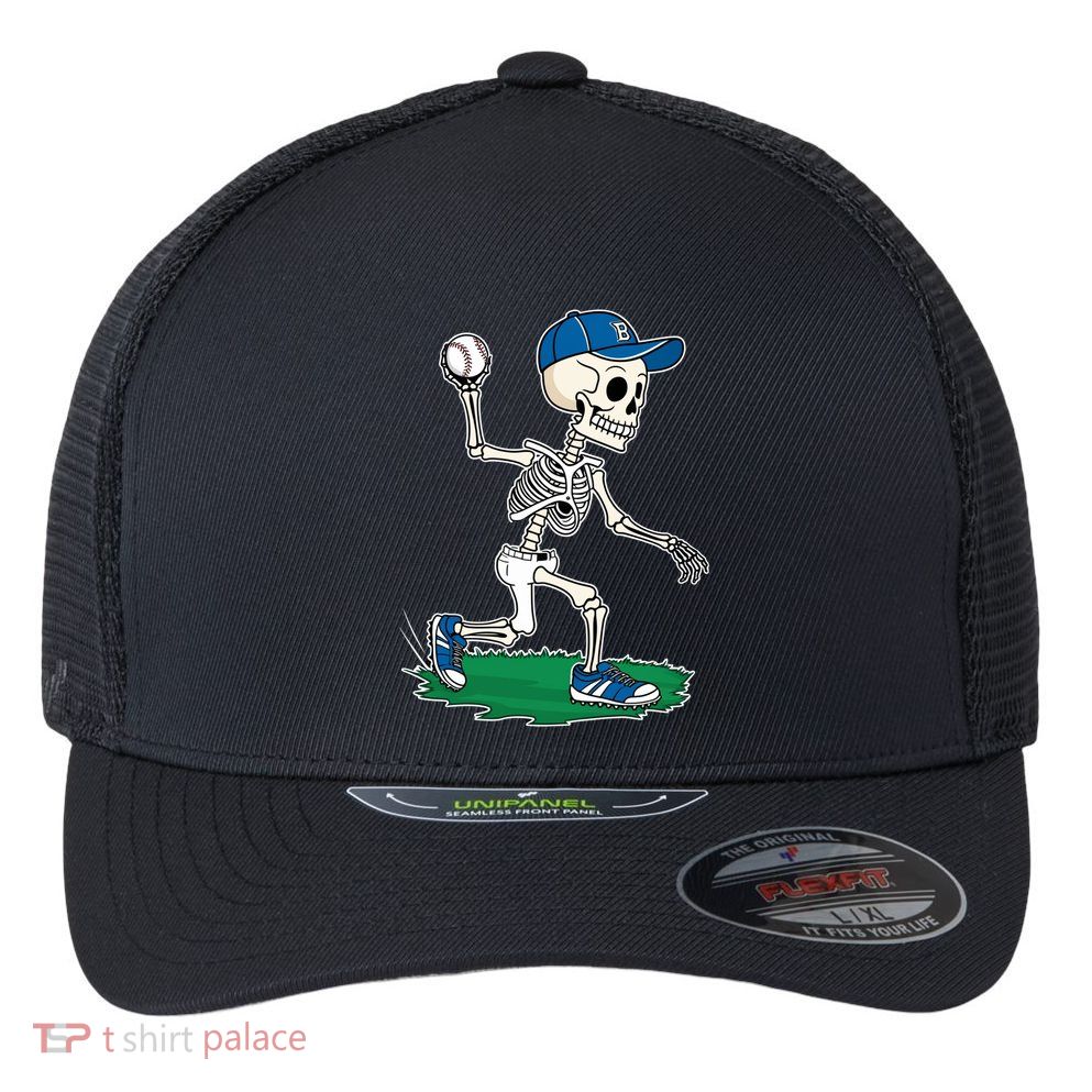 Baseball Skeleton Halloween Spooky Baseball Halloween Design Flexfit Unipanel Trucker Cap