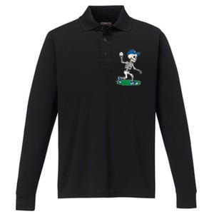 Baseball Skeleton Halloween Spooky Baseball Halloween Design Performance Long Sleeve Polo