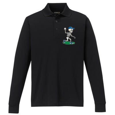 Baseball Skeleton Halloween Spooky Baseball Halloween Design Performance Long Sleeve Polo