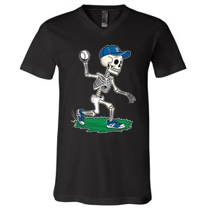 Baseball Skeleton Halloween Spooky Baseball Halloween Design V-Neck T-Shirt