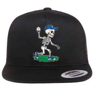 Baseball Skeleton Halloween Spooky Baseball Halloween Design Flat Bill Trucker Hat