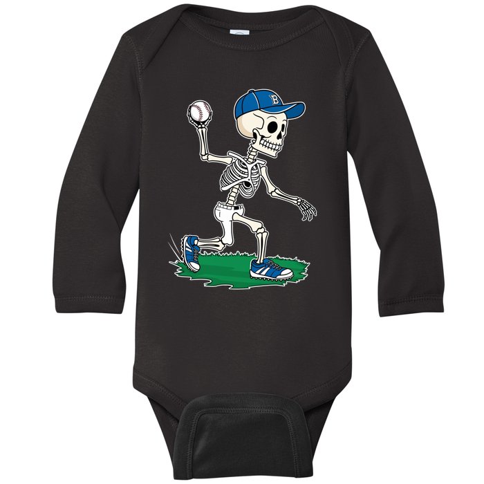 Baseball Skeleton Halloween Spooky Baseball Halloween Design Baby Long Sleeve Bodysuit