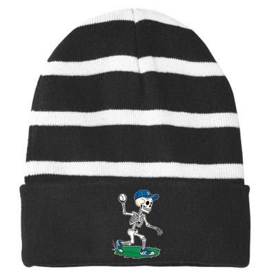 Baseball Skeleton Halloween Spooky Baseball Halloween Design Striped Beanie with Solid Band