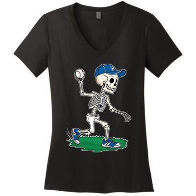 Baseball Skeleton Halloween Spooky Baseball Halloween Design Women's V-Neck T-Shirt