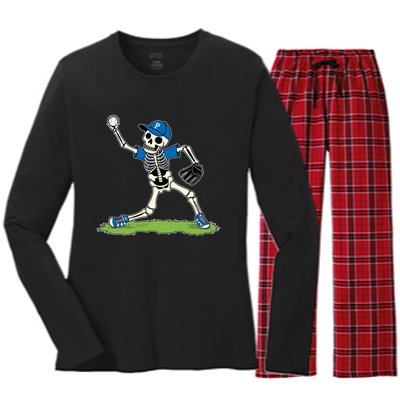 Baseball Skeleton Halloween Spooky Baseball Halloween Design Women's Long Sleeve Flannel Pajama Set 