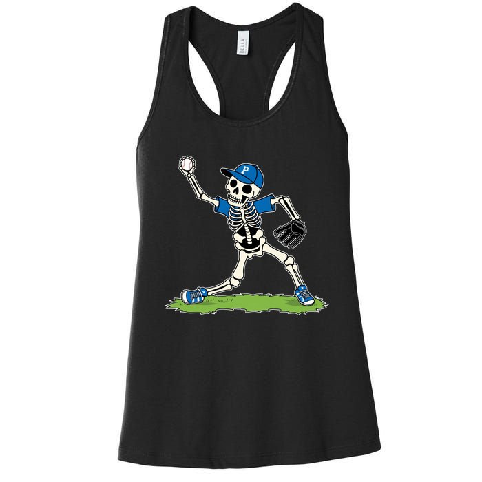 Baseball Skeleton Halloween Spooky Baseball Halloween Design Women's Racerback Tank