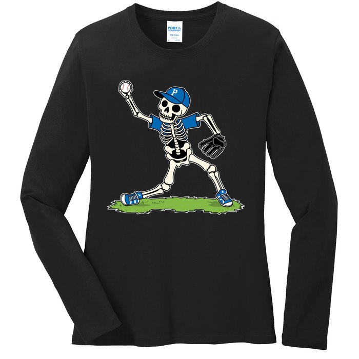 Baseball Skeleton Halloween Spooky Baseball Halloween Design Ladies Long Sleeve Shirt