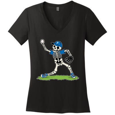 Baseball Skeleton Halloween Spooky Baseball Halloween Design Women's V-Neck T-Shirt