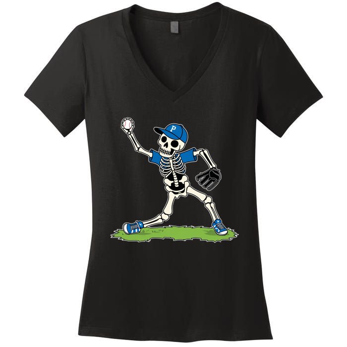 Baseball Skeleton Halloween Spooky Baseball Halloween Design Women's V-Neck T-Shirt