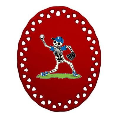 Baseball Skeleton Halloween Spooky Baseball Halloween Design Ceramic Oval Ornament