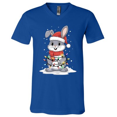 Bunny Santa Hat Christmas Tree Lights Xmas Rabbit Lover Funny Gift V-Neck T-Shirt